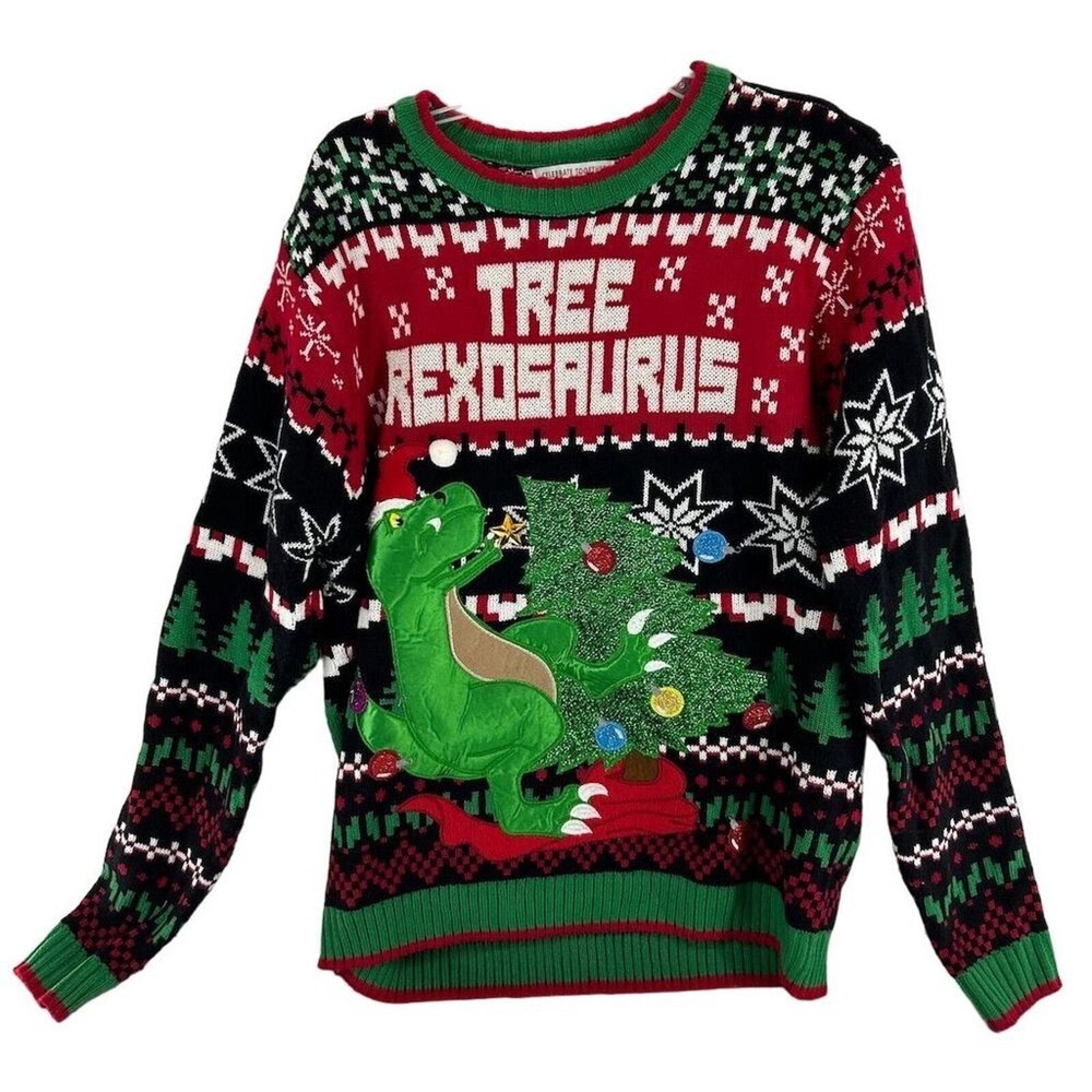 Celebrate Together Sweater Men Large Red Tree Rexosaurus Ugly Christmas Dinosaur